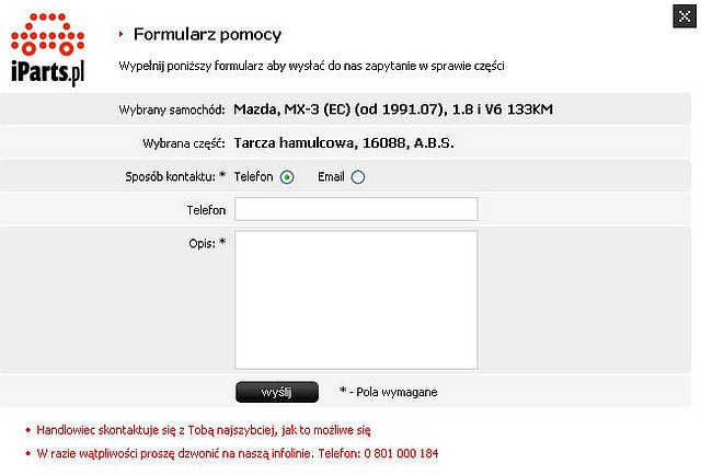 Formularz zapytania o cenę produktu