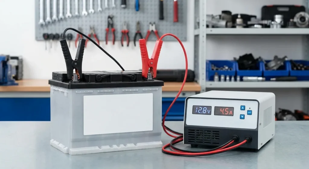 Podłączenie akumulatora do prostownika.